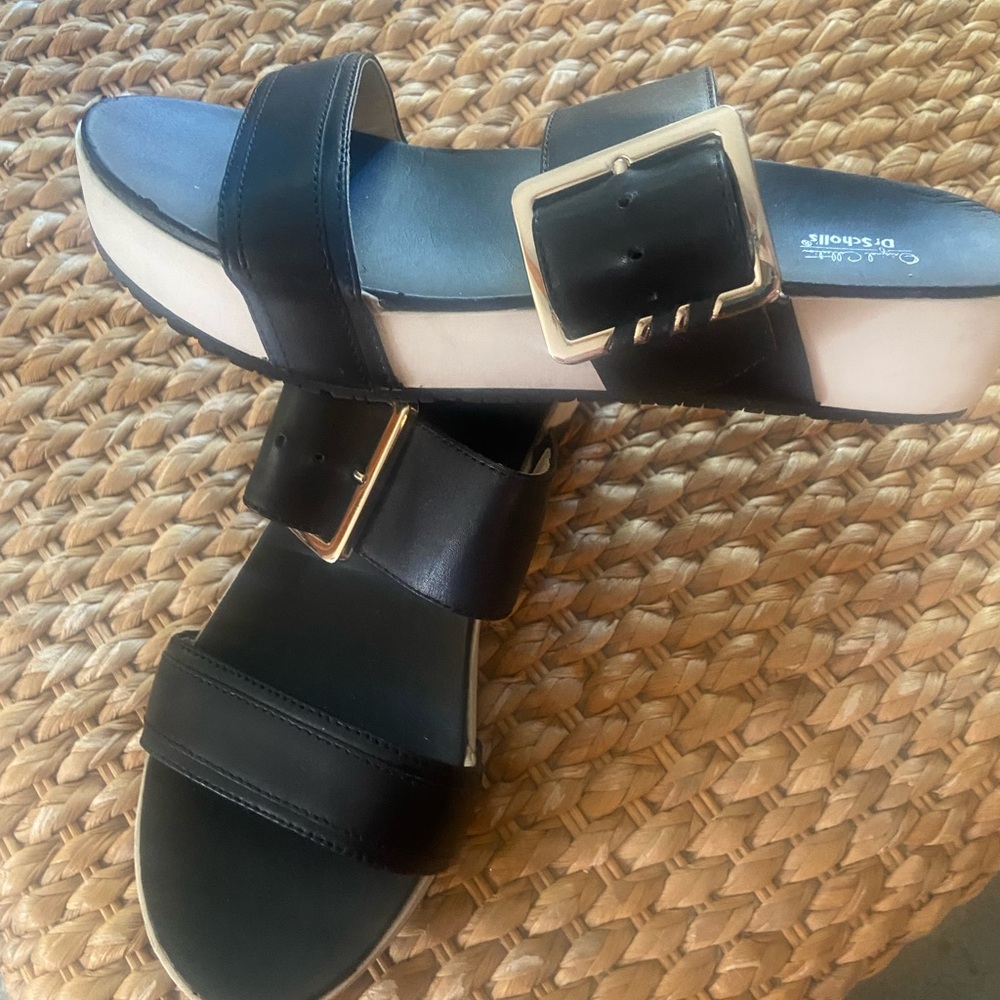 Black Leather Slide Sandals with Gold Buckle